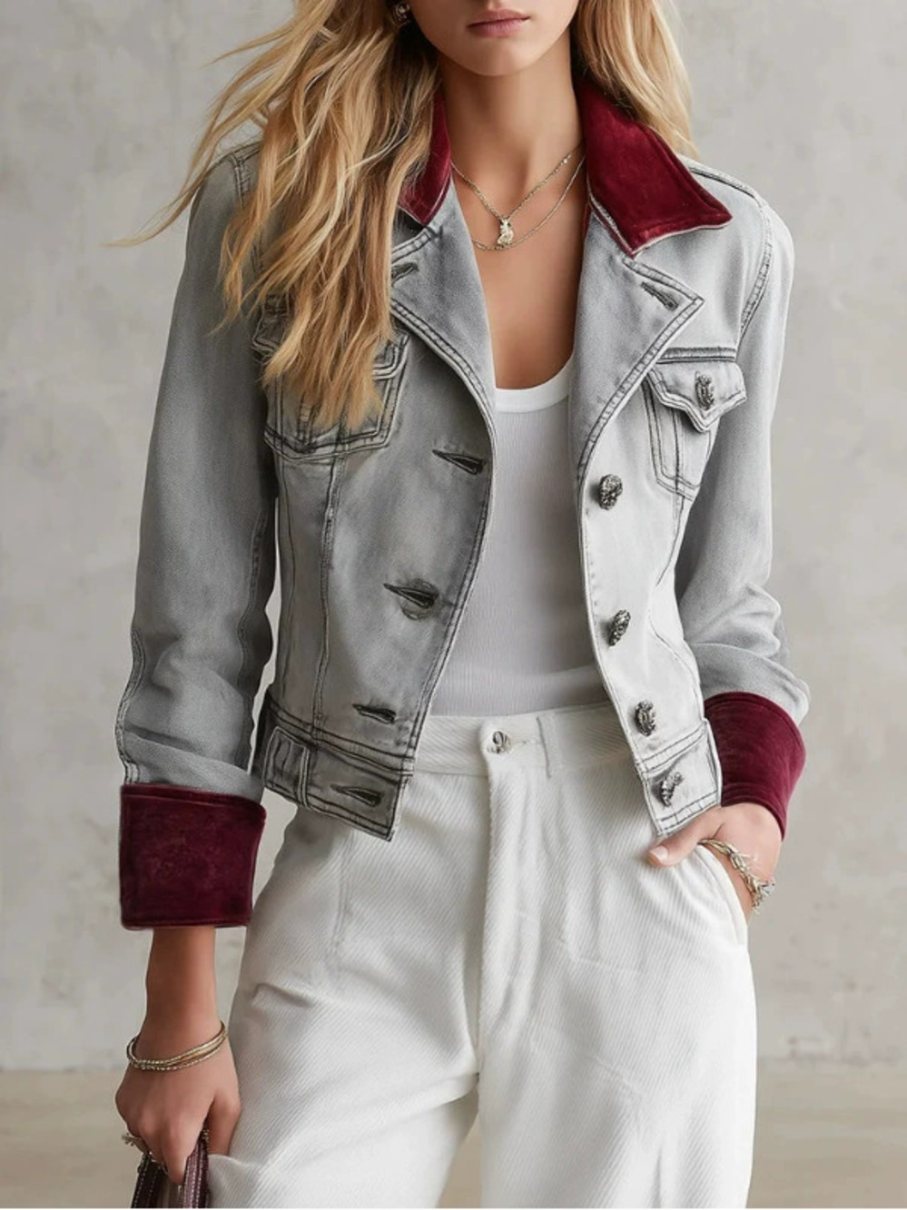 H&M Fashion Casual Denim Jacket Burgundy Velvet Collar Cuffs